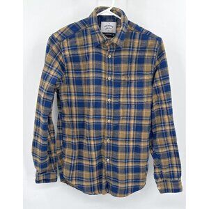 Portuguese Flannel Shirt Sz S Tan Blue Plaid Long Sleeve Button Up Pocket
